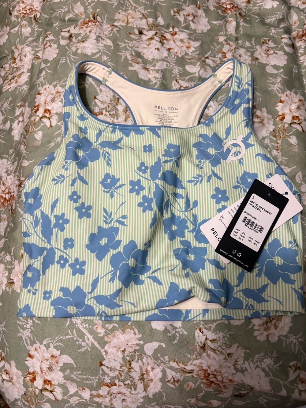 Peloton Mint Green and Blue Floral Cadent Longline Racerback Bra